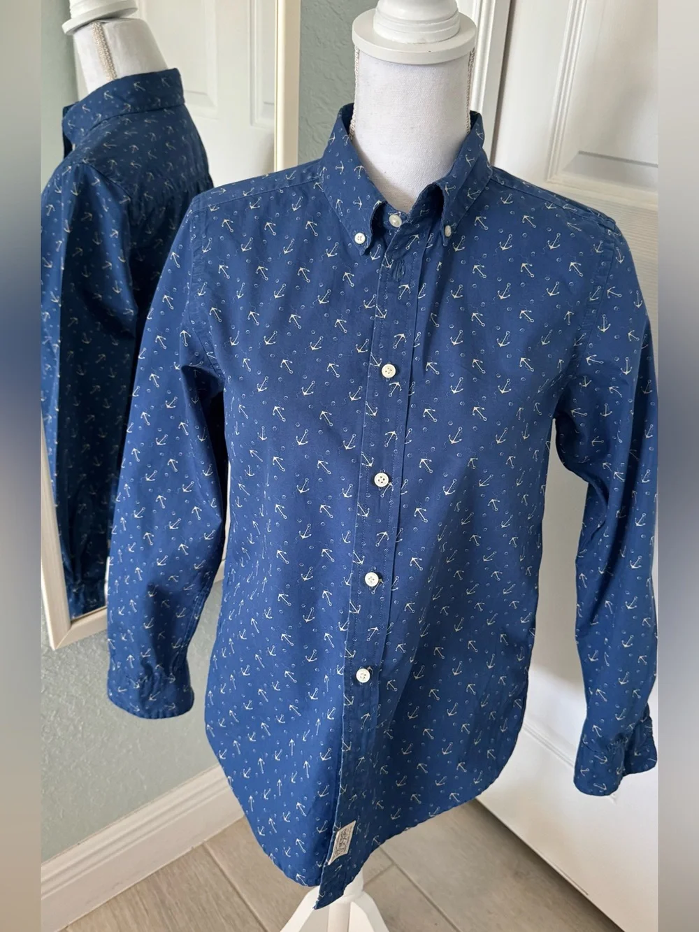 Ralph Lauren Blue Anchor Print Button Down Shirt Boys L 14-16 Women XS S